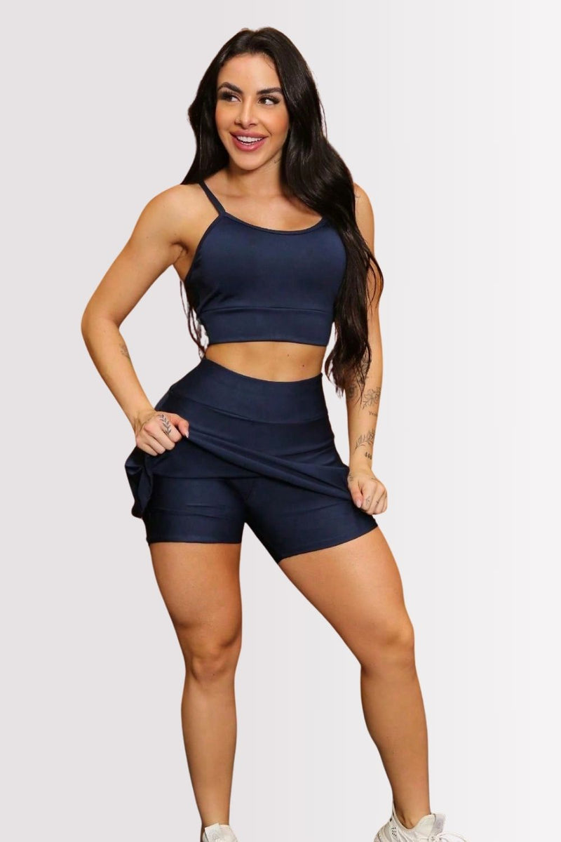 Conjunto Fitness Top E Shorts Saia Versatile Azul Marinho