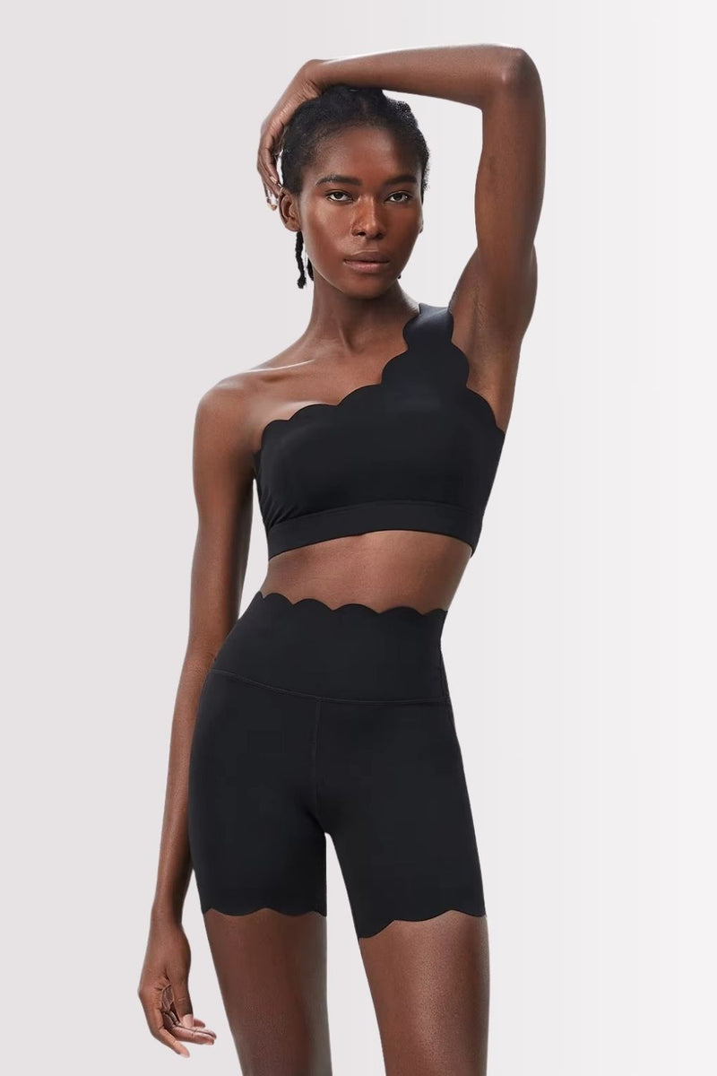 Conjunto Fitness Elegance Ombro Único Com Shorts Preto