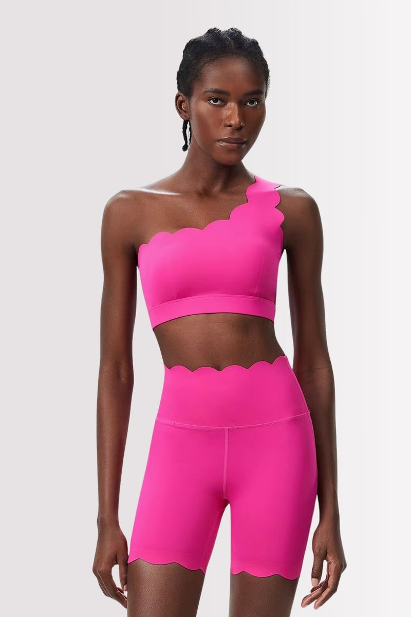 Conjunto Fitness Elegance Ombro Único Com Shorts Rosa Pink