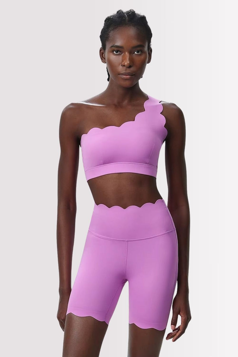 Conjunto Fitness Elegance Ombro Único Com Shorts Rosa Chiclete