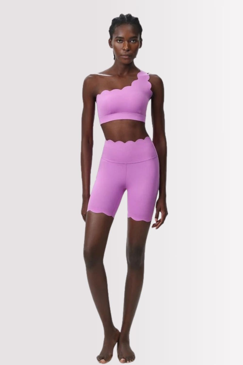 Conjunto Fitness Elegance Ombro Único Com Shorts Rosa Chiclete