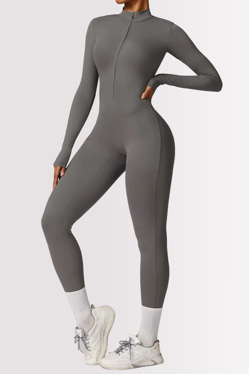 Macacão Fitness Manga Longa Com Zíper Allure Cinza