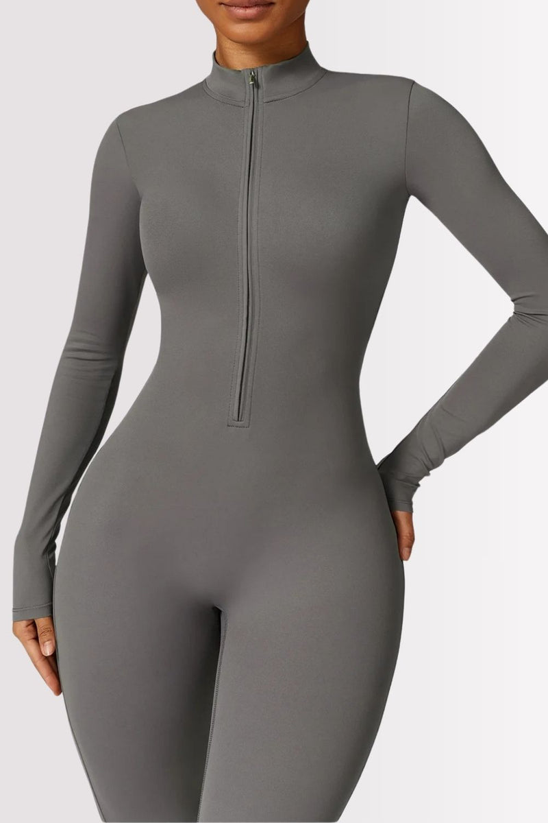 Macacão Fitness Manga Longa Com Zíper Allure Cinza
