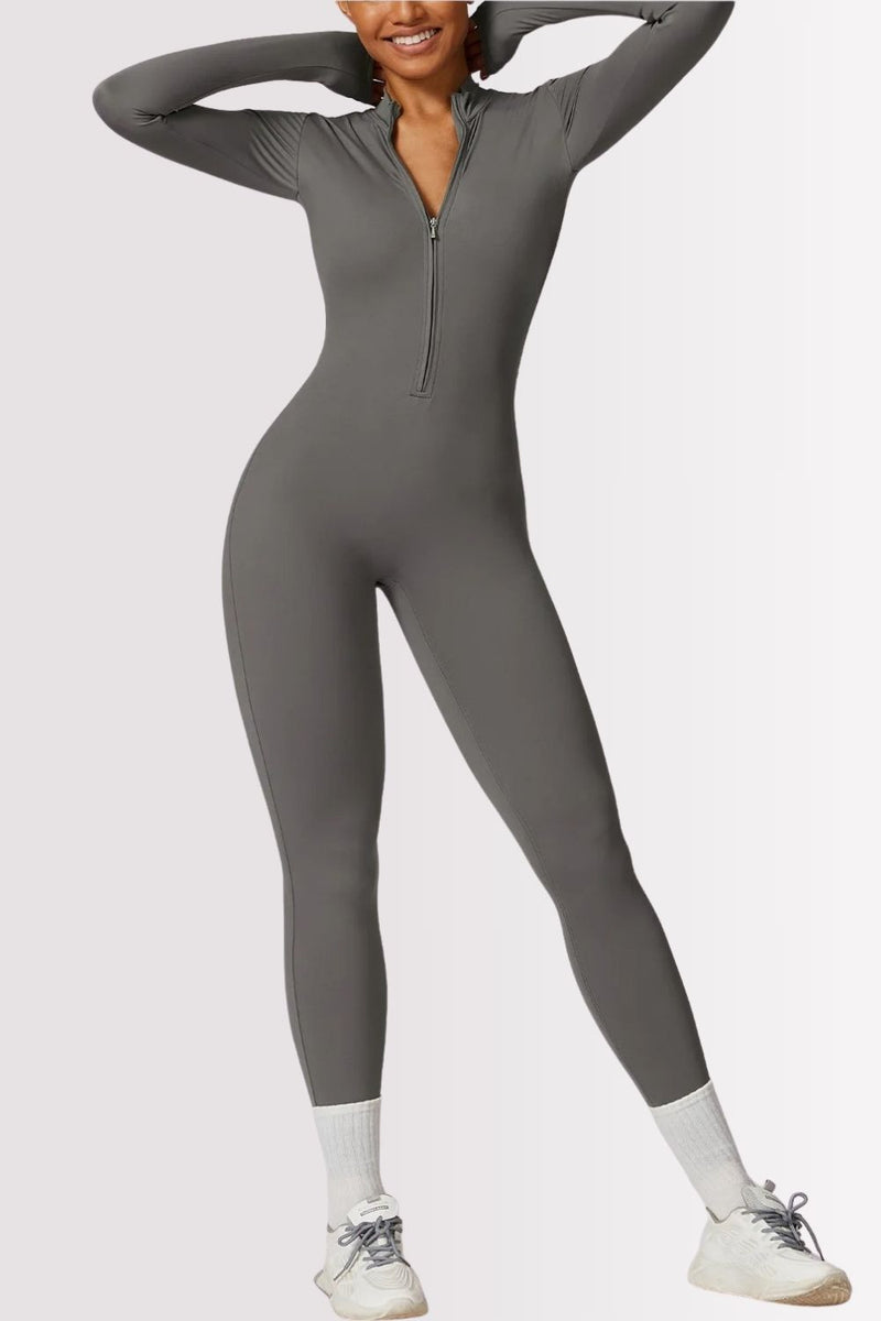 Macacão Fitness Manga Longa Com Zíper Allure Cinza