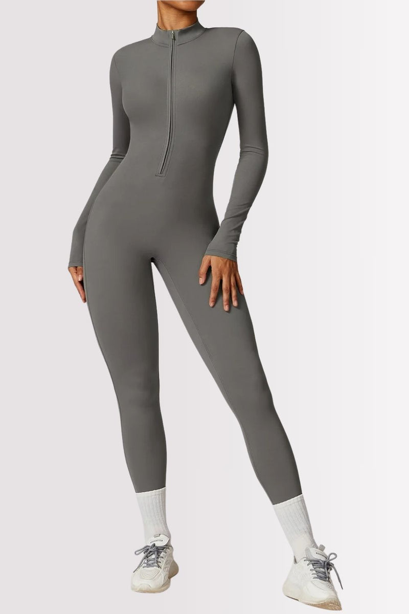 Macacão Fitness Manga Longa Com Zíper Allure Cinza