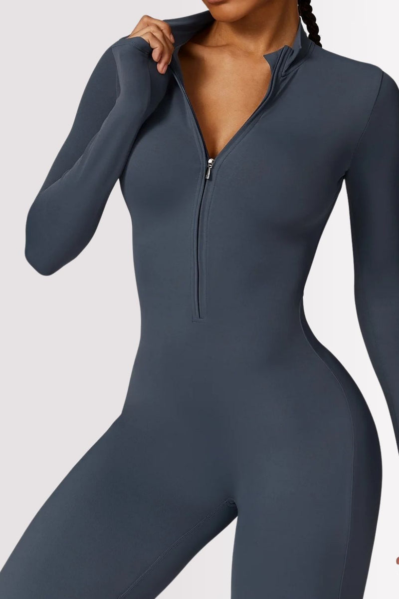 Macacão Fitness Manga Longa Com Zíper Allure Azul Marinho