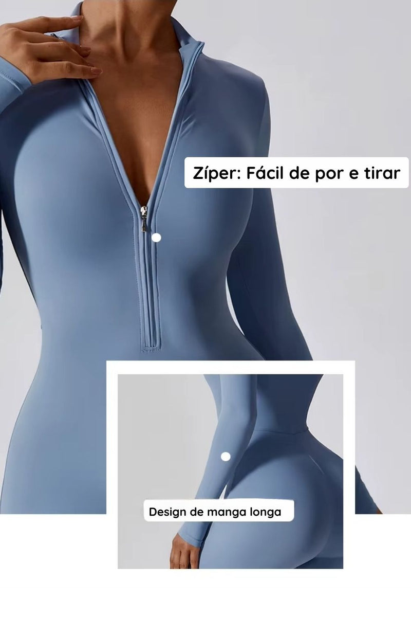 Macacão Fitness Manga Longa Com Zíper Allure Azul