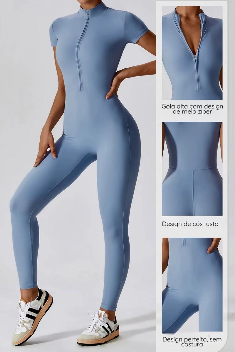 Macacão Fitness Manga Longa Com Zíper Allure Azul