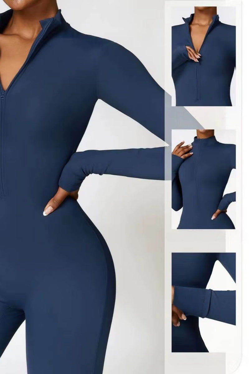 Macacão Fitness Manga Longa Com Zíper Allure Azul Marinho