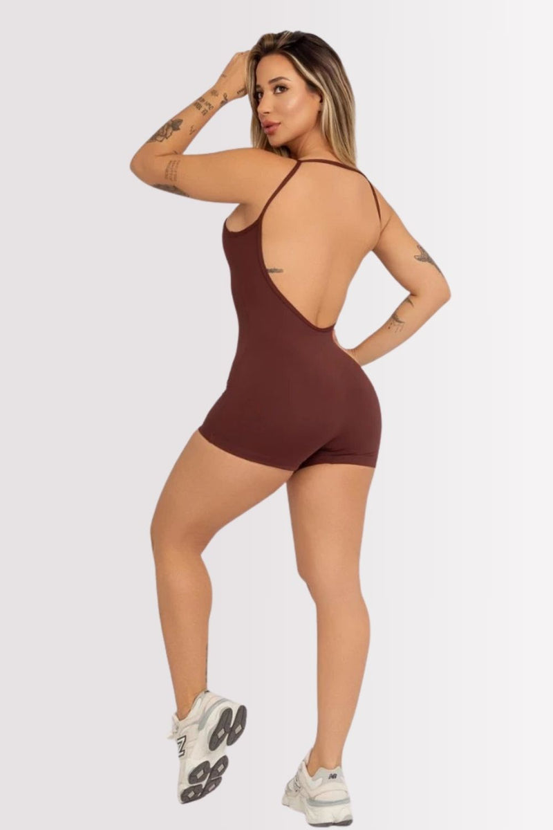 Macaquinho Fitness Costas Aberta Sculpt Marrom